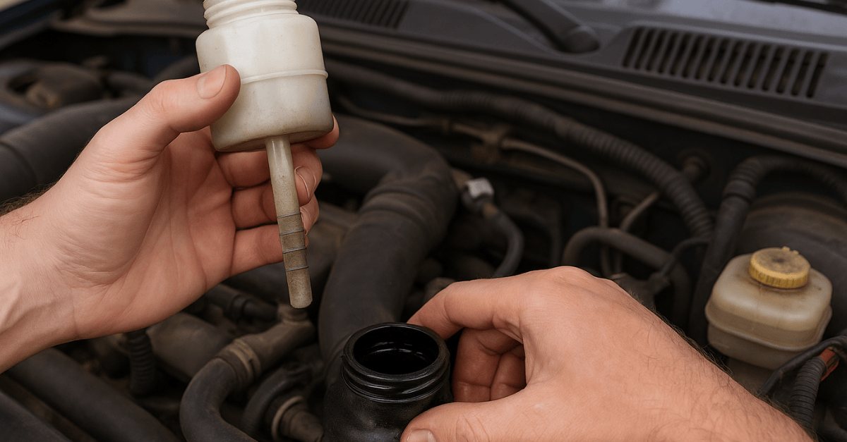 Mechanik sprawdza poziom płynu wspomagania w zbiorniczku samochodu