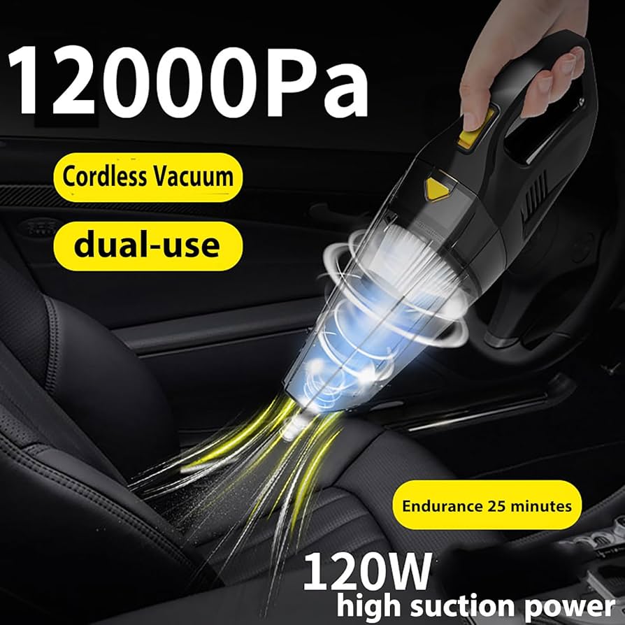 czarny bezprzewodowy odkurzacz samochodowy z dyszą ssącą na siedzeniu kierowcy w peugeocie