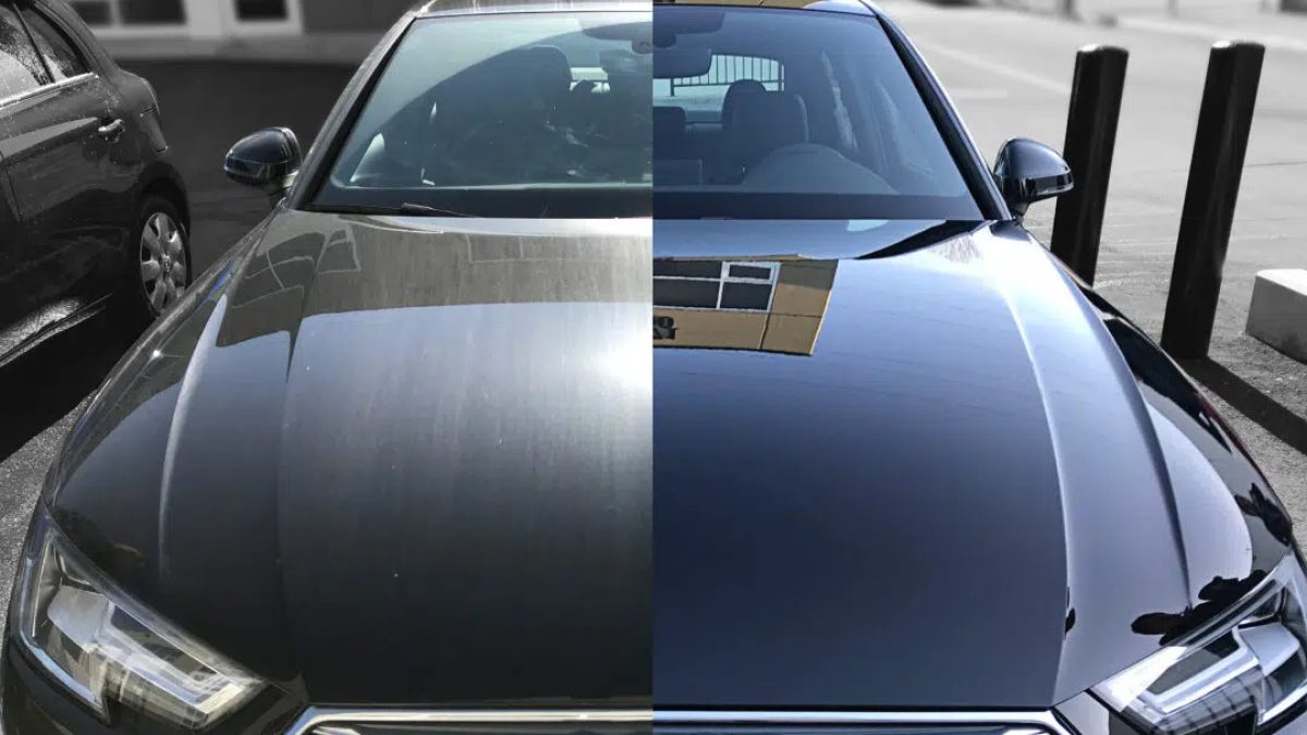 aplikator z płynną ceramiką nakładany na czarną karoserię auta